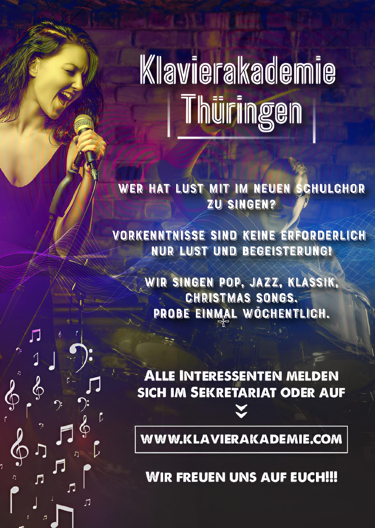 Poster mit Sängerin und dem Titel Klavierakademie Thüringen auf dunkelblauem Grund